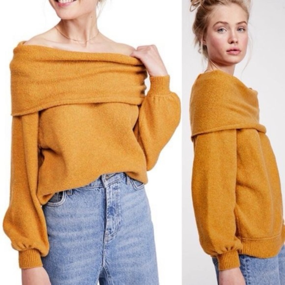 Free People Echo Beach Wool Sweater Mustard Off the Shoulder